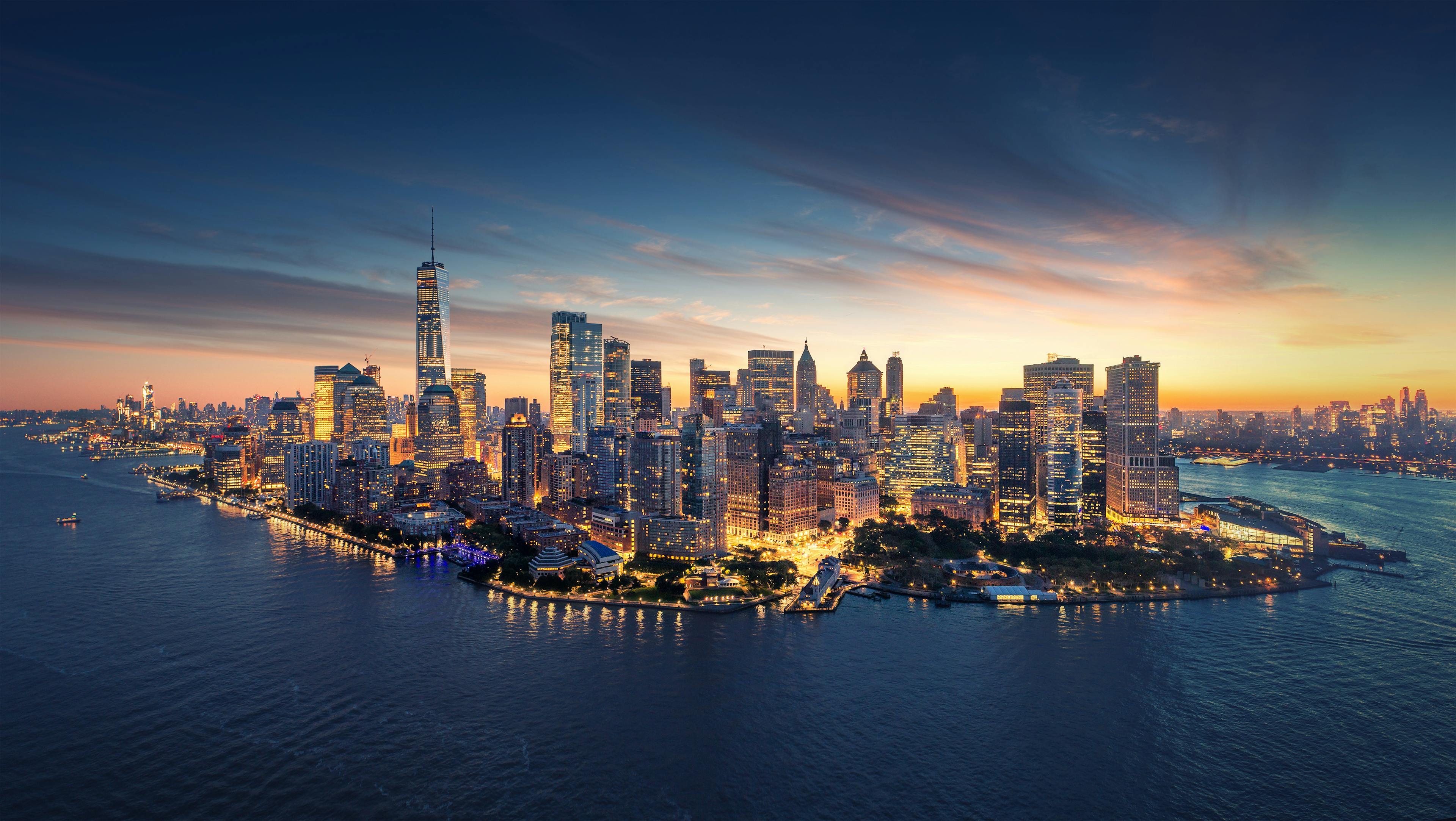 new york city skyline at dusk