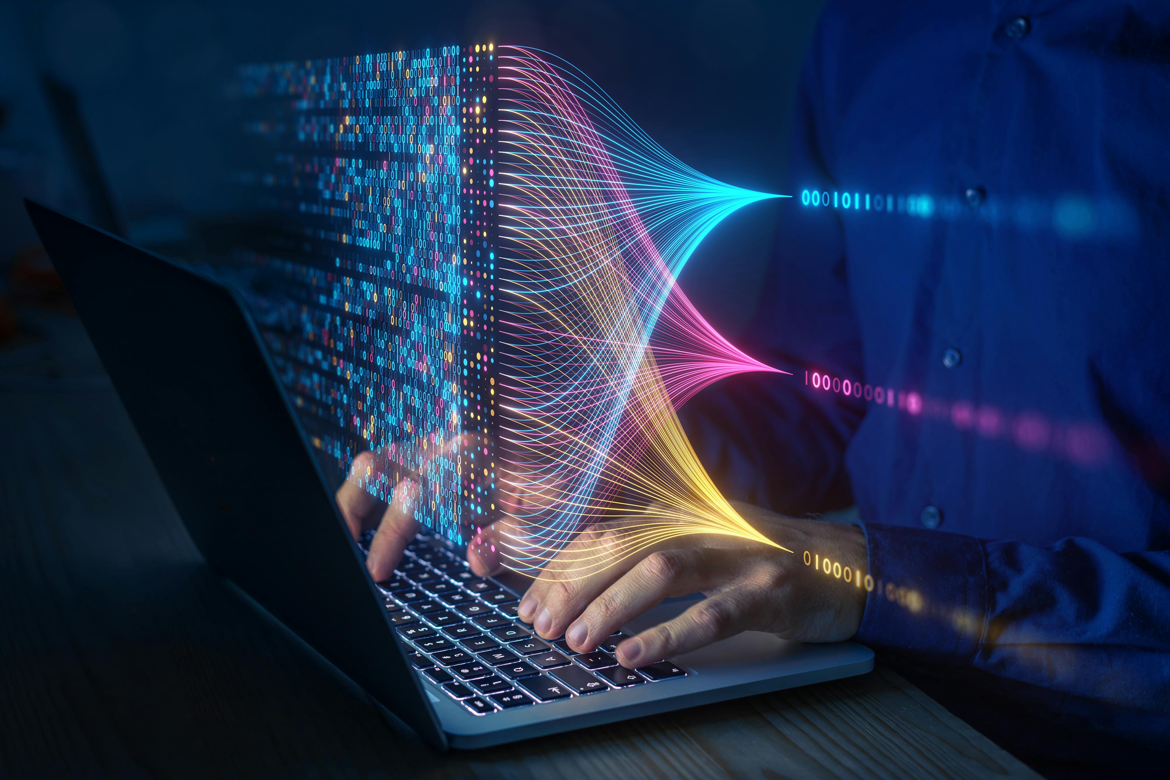 Data science and big data technology. Scientist computing, analysing and visualizing complex data set on computer. Data mining, artificial intelligence, machine learning, business analytics.